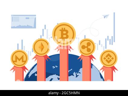 Bitcoin and Cryptocurrency Rocket Flying Out of The World. Cryptocurrency Investment and Blockchain Technology Concept. Stock Vector