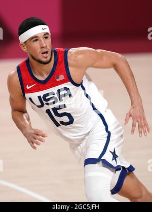 USA's Devin Booker in action during the Men's Gold Medal match at the  Saitama Super Arena on the fifteenth day of the Tokyo 2020 Olympic Games in  Japan. Picture date: Saturday August
