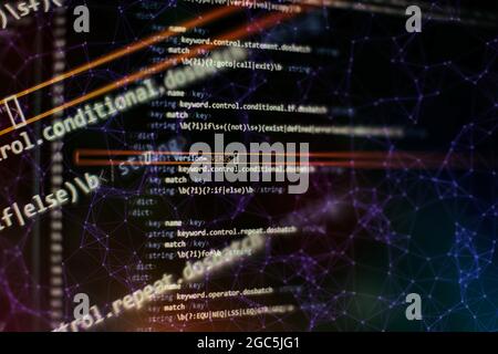 Notebook closeup photo. CSS, JavaScript and HTML usage. Monitor closeup ...