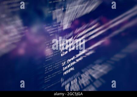 Digital tablet computer showing Stock Market index . Abstract IT technology background. Software source code. Stock Photo