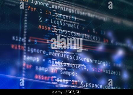 Notebook closeup photo. CSS, JavaScript and HTML usage. Monitor closeup of function source code. Stock Photo