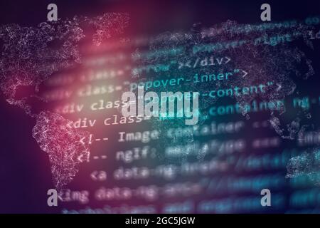 SEO optimization. Modern tech. PHP syntax highlighted. Writing programming functions on laptop. Stock Photo