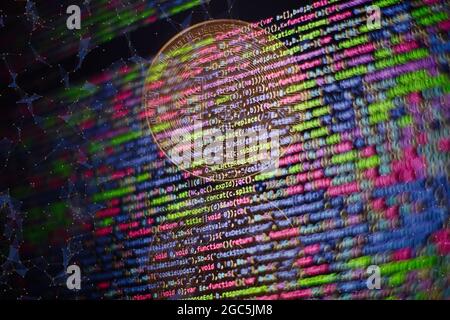 HTML5 in editor for website development. Website HTML Code on the Laptop Display Closeup Photo. Modern tech. Innovative startup project. Stock Photo