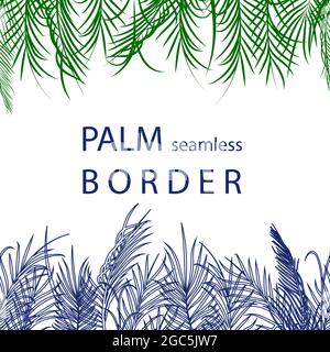 Horizontal border of palm leaves. Repeat endless line of palm leaves, outlined and filled in. Seamless vector illustration for design with natural ele Stock Vector
