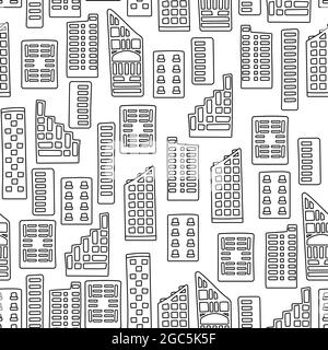 Buildings in town pattern. Urban abstract pattern. Seamless texture with city landscape, blocks and houses black line on white background. Repeat endl Stock Vector