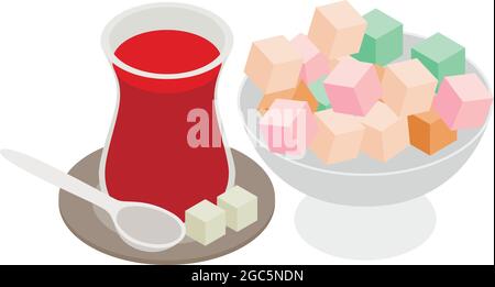 Turkish delight icon isometric vector. Rahat lokum and turkish tea. Traditional oriental dessert Stock Vector