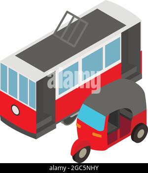 Public transport icon isometric vector. Retro tram and tricycle scooter mototaxi icon. Traditional turkish urban transport Stock Vector
