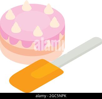 Cake decoration icon isometric vector. Beautiful cake and orange kitchen spatula. Dessert, pastry, confectionery Stock Vector