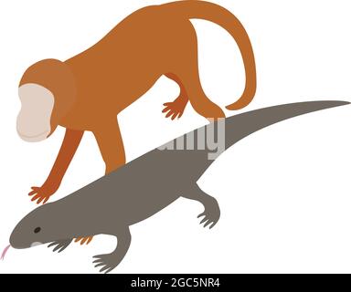 Exotic animal icon isometric vector. Brown little monkey and gray monitor lizard icon. Wildlife, zoo animal Stock Vector