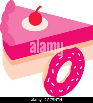 Colorful confectionery icon isometric vector. Sweet pink donut and piece of cake. Sweet, dessert, pastry Stock Vector