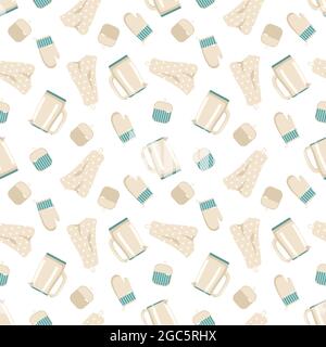 Seamless pattern with teapot, pot holders and towels Stock Vector