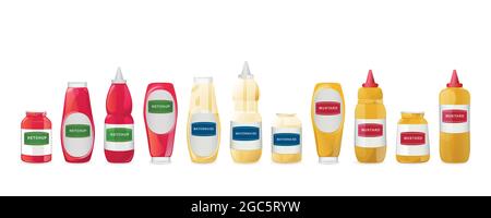 Ketchup, mayonnaise, mustard sauces in bottles set. Realistic vector illustration isolated on white background. Stock Vector