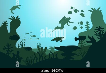 Wildlife Diver Fish Sea Ocean Underwater Aquatic Flat Illustration Stock Vector