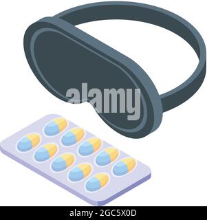 Sleeping mask pills icon isometric vector. Sleep alarm. Night bed time Stock Vector