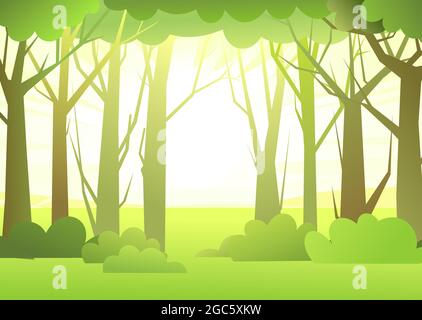 Forest landscape. Dense wild trees with tall, branched trunks. Sunrise. Summer green landscape. Flat design. Cartoon style. Vector Stock Vector