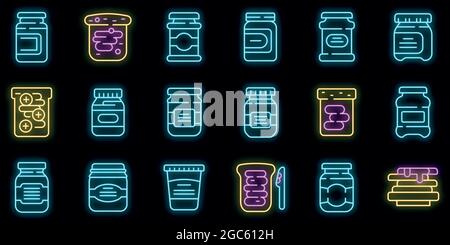 Chocolate paste icons set. Outline set of chocolate paste vector icons neon color on black Stock Vector