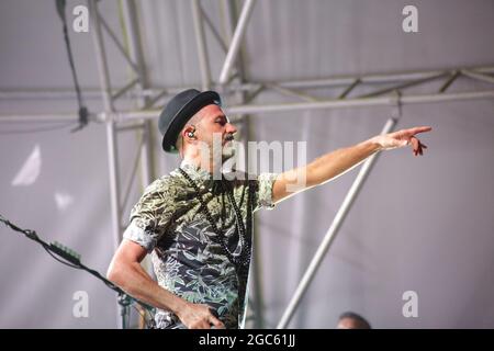 JULY 30, 2021 - GENOA (ITALY): Italian pop band Subsonica plays at Goa-Boa Festival in Genoa. Italy Stock Photo