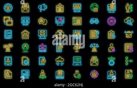 Online job search icons set. Outline set of online job search vector icons neon color on black Stock Vector