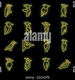 Woodpecker icons set. Outline set of woodpecker vector icons neon color on black Stock Vector