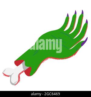 Green clawed zombie hand with bone. Halloween vector clipart in cartoon style isolated on white Stock Vector