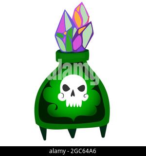 Magic witch potion. Black magic substance in a bottle. Vector halloween clipart bottle with spirit isolated on white. Poison witch potion with skull. Stock Vector