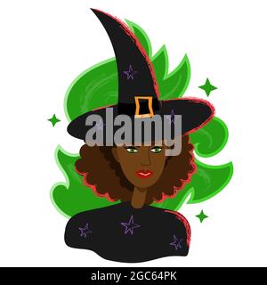 Black woman witch portrait in hat. Halloween witch female avatar in cartoon flat style. Magican black skin character portrait isolated on white Stock Vector