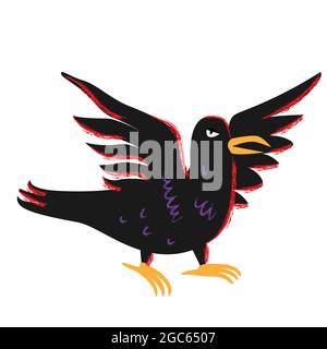 Black raven. The raven of the witch. Halloween crow black bird with open wings in cartoon flat style isolated on white background Stock Vector