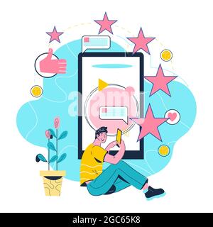 Customer reviews and online feedback, five star rating concept with man leaving reviews about buying online products, isolated cartoon vector illustra Stock Vector