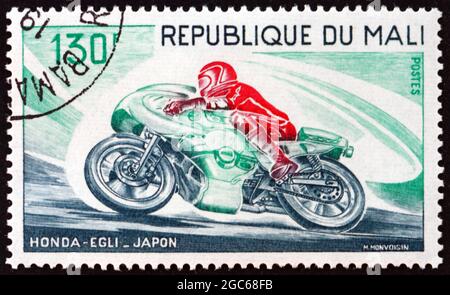 MALI - CIRCA 1976: a stamp printed in Mali shows Motorcycle Honda-Egli, Japan, circa 1976 Stock Photo