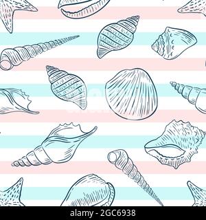 Pattern Seashells sketch vector illustration. Seashells on a background of blue and pink stripes. Delicate sea background. Template for wallpaper and Stock Vector