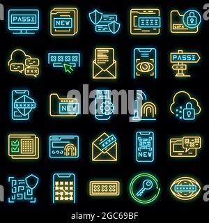 Password recovery icons set. Outline set of password recovery vector icons neon color on black Stock Vector