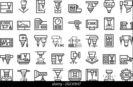 Cnc machine icons set outline vector. Mill controller. Industrial tool ...