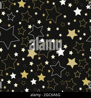 Golden white shining stars in random order against the background of the night sky. Seamless star pattern for christmas and new year. Festive backgrou Stock Vector