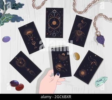 modern witch vibes oracle for the week, aesthetic witch, tarot cards self-reflection cards information card. Stock Vector