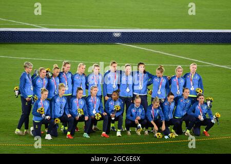 Tokyo, Japan. 06th Aug, 2021. Sweden Team 2nd Silver Medal during the Olympic Games Tokyo 2020, Football Women's Final Medal Ceremony on August 6, 2021 at International Stadium Yokohama in Yokohama, Japan - Photo Photo Kishimoto / DPPI Credit: Independent Photo Agency/Alamy Live News Stock Photo