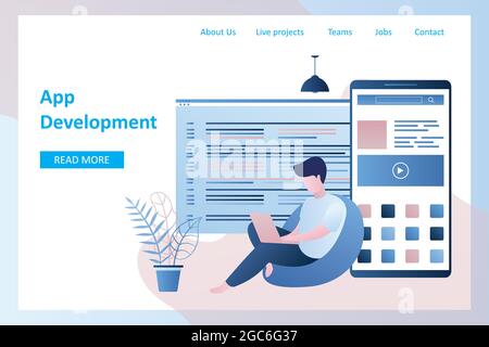 App development,back-end and front-end web developer,male character with laptop,big smartphone with application,landing page template,trendy style vec Stock Vector
