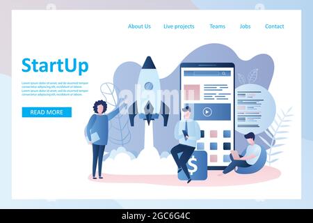 Start up landing page,rocket take off,teamwork and big mobile phone with application,app development,male and female human characters,trendy style vec Stock Vector