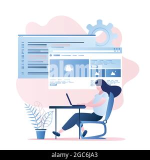 Beauty female programmer with laptop at workplace,front-end and back-end development,web page template,trendy style vector illustration Stock Vector