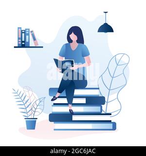 Beauty girl sitting on pile of books,female character reading book or magazine,education or learning concept,trendy style vector illustration Stock Vector