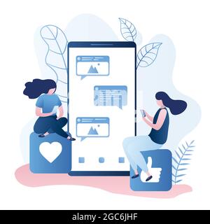 Big modern smartphone with speech bubbles and two girls sitting on signs and chatting,trendy style vector illustration. Stock Vector