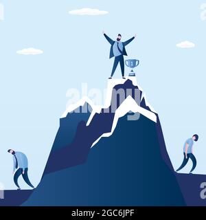 Happy winner businessman standing on top of mountain peak and two sad business losers stand at the foot of the mountain,successful concept,trendy styl Stock Vector