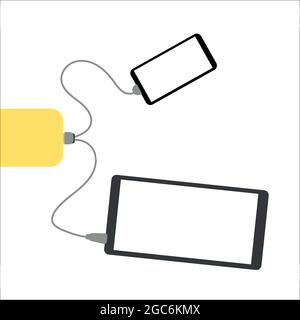 smartphone and tablet are charged from an external battery. Vector flat illustration. Shades of gray and yellow. Isolated Stock Vector