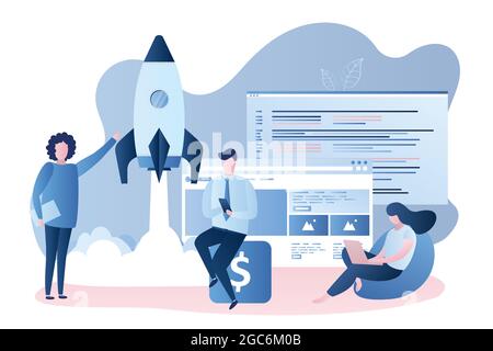 Start up project concept,rocket take off,teamwork app or web site development,front-end and back-end develop,male and female human characters,trendy s Stock Vector