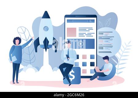 Start up project concept,rocket take off,teamwork and big mobile phone with application,app development,male and female human characters,trendy style Stock Vector