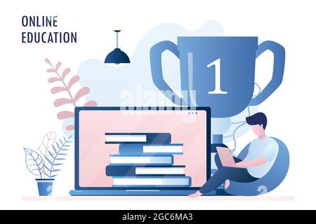 Computer screen with books and big winner cup,young hipster guy with laptop,web site with online education or courses, trendy style vector illustratio Stock Vector
