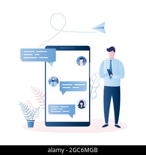 Online testimonials,big smartphone with speech bubbles and avatars, businessman with cellphone,trendy style vector illustration Stock Vector