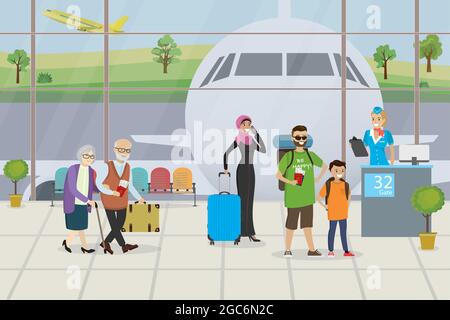 Cartoon airport interior and queue of tourists with lugagge,female air  hostess behind the check-in counter,boarding on airplane concept  background,air Stock Vector Image & Art - Alamy