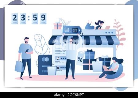 Online shop storefront, fashion guy with sale label, people with smart gadgets and shopping bags,24 hour sale,timer with numbers,trendy style vector i Stock Vector