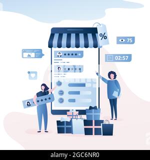 Сustomer satisfaction,online mobile shop, woman with rating plank and big smartphone,shopping bags and gifts and two female characters in trendy simpl Stock Vector