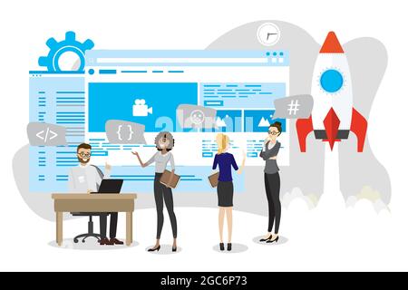 Application or web site development,cartoon three businesswomen and programmer,spaceship take-off,front-end and back-end coding,flat vector illustrati Stock Vector
